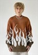 FLAME PRINT SWEATER Y2K FIRE JUMPER RETRO KNIT TOP IN BROWN