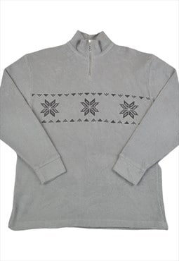 Vintage Fleece 1/4 Zip Retro Snowflake Pattern Grey Large