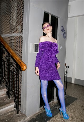 VINTAGE VELVET OFF SHOULDER DRESS VIOLET BUBBLE PURPLE