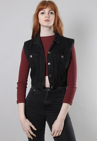 VINTAGE 90S BLACK DENIM GILET SLEEVELESS JACKET TOP