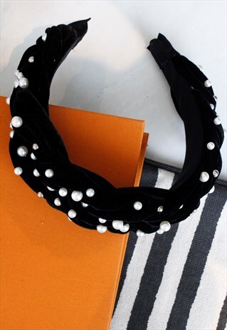 BLACK VELVET PLATED PEARL PADDED ALICE HEAD BAND