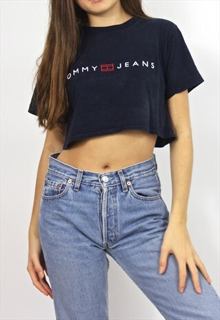 90'S RETRO NAVY RARE SPELL-OUT CROPPED T-SHIRT
