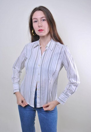 VINTAGE WHITE STRIPED WOMEN SECRETARY BLOUSE FOR WORK
