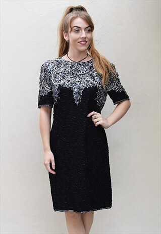 VINTAGE BLACK SEQUIN & BEAD PROM PARTY GATSBY EVENING DRESS