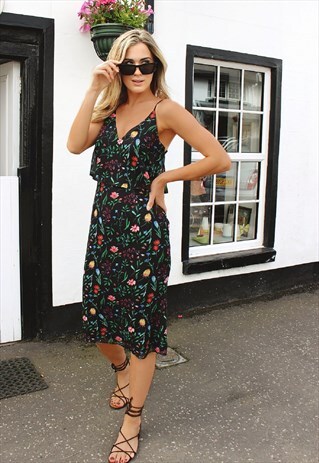 BLACK FLORAL PRINT LAYERED CHIFFON DRESS