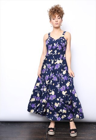 VINTAGE 90S NAVY PURPLE FLORAL MIDI BUTTON DRESS