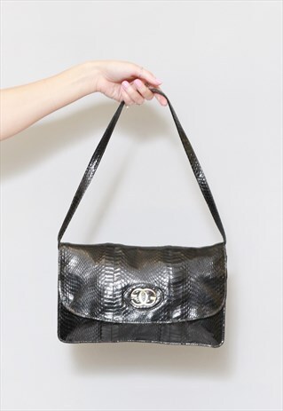 VINTAGE 1970'S BLACK MOC SNAKE ITALIAN LEATHER BAG