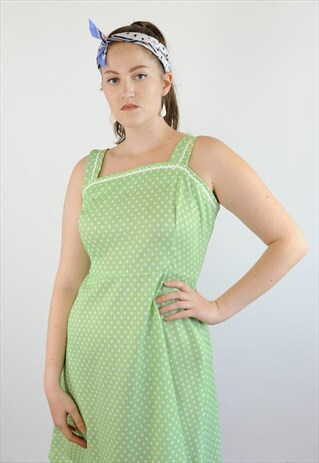 WOMENS VINTAGE 60S 70S DRESS GREEN SPOTTY SWING CIRCLE SKIRT