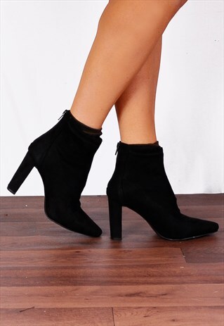 LADIES BLACK BLOCK HIGH HEELED POINTED ANKLE BOOTS