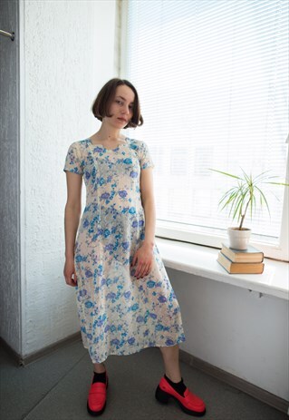 VINTAGE 70'S CREAM EMBROIDERED FLORAL PRINT TUNIC STYLE DRES