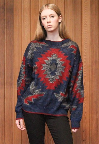 VINTAGE 1980S BLUE AND RED PATTERNED JUMPER