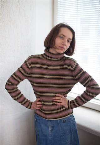 VINTAGE 80'S BROWN/PINK STRIPED TURTLE NECK RIBBED JUMPER