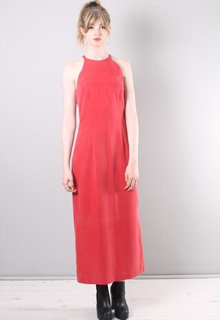 VINTAGE 90S LONG RED STRAPLESS HIGH NECK FITTED DRESS