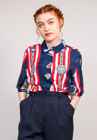 90'S VINTAGE NAUTICAL STRIPE PATTERN SHIRT