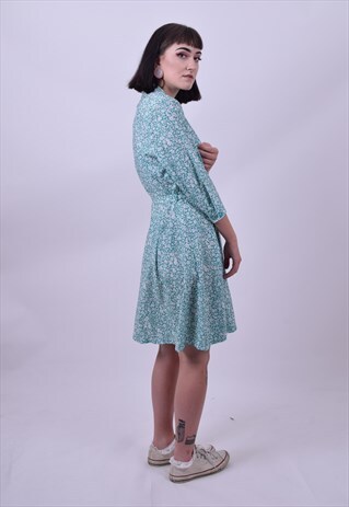 VINTAGE 70'S GREEN WHITE FLOWER PRINT DRESS SIZE 10 12 14