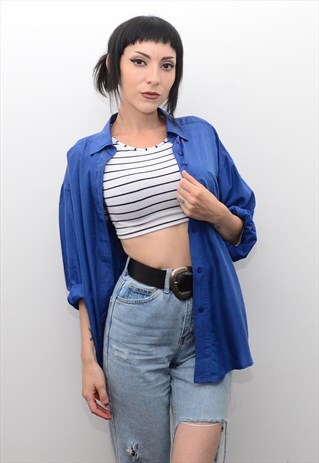 VINTAGE 90'S GENUINE SILK DEEP BLUE OVERSIZED SHIRT