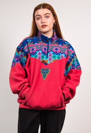 90'S QUARTER ZIP FLEECE JUMPER PINK ABSTRACT PRINT