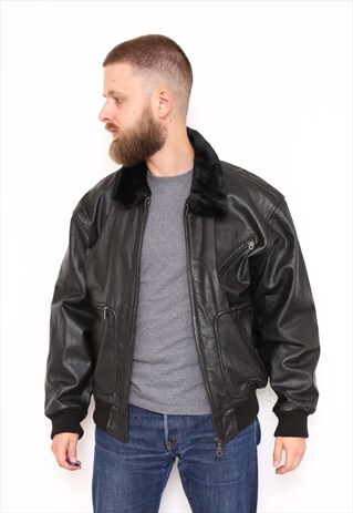 VINTAGE BLACK LEATHER BOMBER JACKET