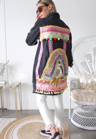 VINTAGE JEANS JACKET PRINTED ETHNIC EMBROIDERY
