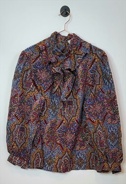 Vintage 70s Paisley Ruffle Neck Blouse Purple