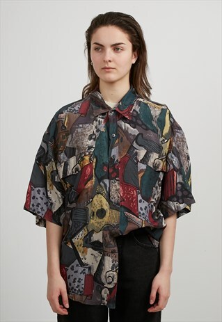 VINTAGE GREEN RED SHORT SLEEVE SILK SHIRT