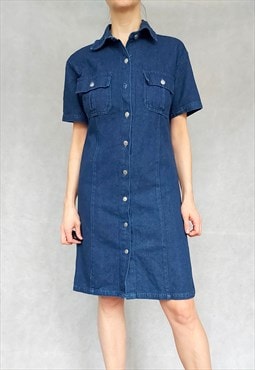 Vintage 90s Blue Denim Shirt Dress, Medium Size