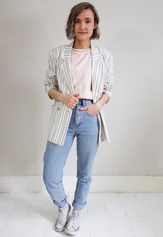 VINTAGE 90'S CREAM AND BLACK STRIPED BOYFRIEND BLAZER JACKET