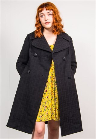 VINTAGE 70'S BLACK CHECKED PATTERN LONG TRENCH COAT