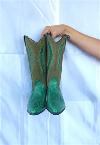 VINTAGE 90'S GREEN REAL LEATHER COWBOY WESTERN BOOTS