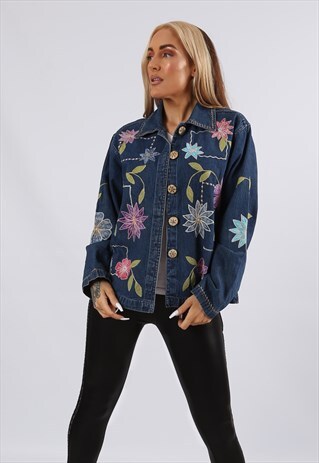 VINTAGE Y2K FLORAL EMBROIDERED DENIM JACKET BOXY 10 S (J5AM)