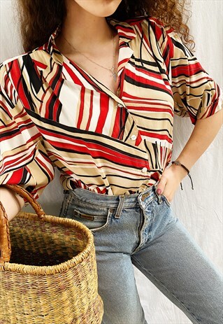 VINTAGE 80S LUXE MOD PRINT HAUTE BOHEME BLOUSE TOP BOHO
