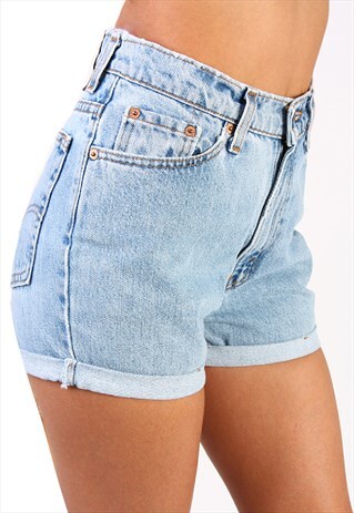 VINTAGE LEVIS HIGH WAISTED/CUT OFF TURNED UP SHORTS-L.BLUE
