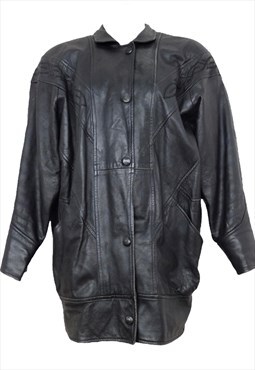 Vintage Oversized Leather Jacket Black 80s Collared Moto