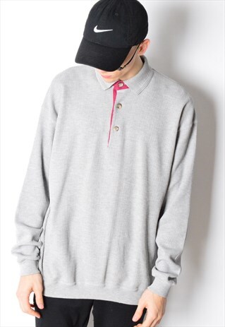 VINTAGE 90S GREY MINIMALIST LIGHTWEIGHT POLO SWEATSHIRT