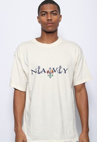 VINTAGE FILA NAVY BIG LOGO SPELLOUT T-SHIRT BEIGE