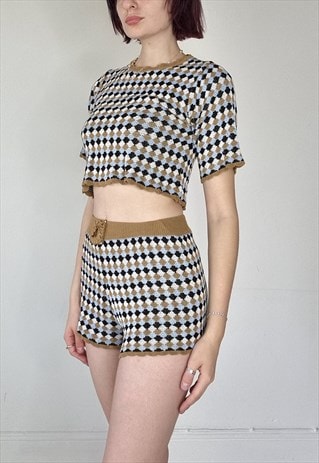 KNITTED CO ORD SET TOP SHORTS FESTIVAL PATTERNED BOHO Y2K