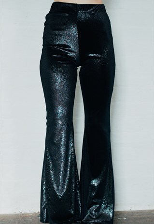 BLACK GLITTER HIGH WAISTED VELVET BELL BOTTOM FLARES
