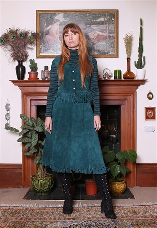 VINTAGE 70S TEAL SUEDE FRINGED FESTIVAL VEST SKIRT TWO PIECE