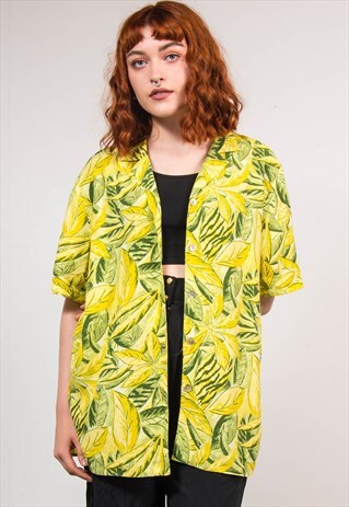 VINTAGE 90'S BRIGHT YELLOW HAWAIIAN LEAF PATTERN SHIRT