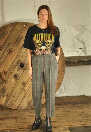 VINTAGE WOOL CHECKED HIGH WAIST TROUSERS