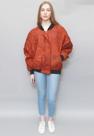 VINTAGE 1990'S BURNT ORANGE TRIBAL QUILTED BOMBER JACKET