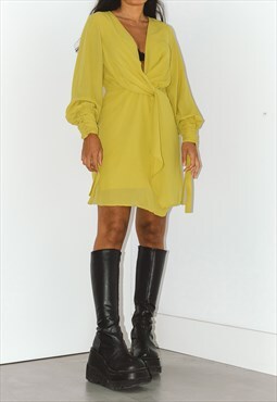 Vintage Y2K Draped Ruched Dress in Yellow Green