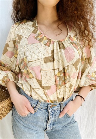 VINTAGE 80S LUXE ABSTRACT SATIN BOHEME OVERSIZED TOP BLOUSE