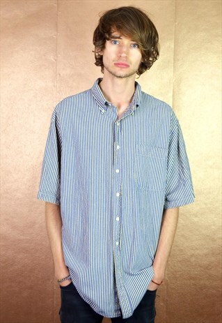 90S VINTAGE YELLOW AND BLUE STRIPED SHIRT