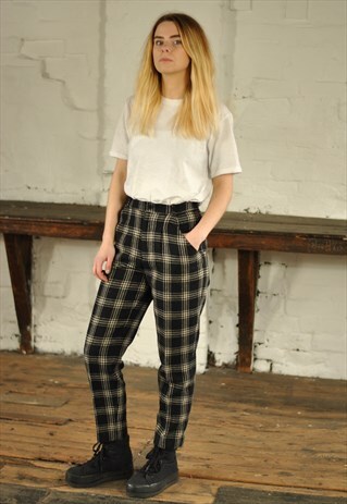 VINTAGE HIGH WAISTED WOOL CHECKED TROUSERS