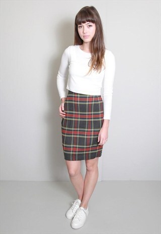 VINTAGE 1990'S GREY AND RED TARTAN PENCIL SKIRT