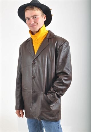VINTAGE REAL LEATHER BLAZER JACKET IN BROWN