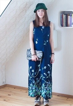 Blue sleeveless floral long maxi dress