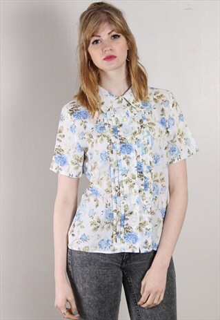 VINTAGE 80S FLORAL PATTERN PLEAT BLOUSE SHIRT TOP