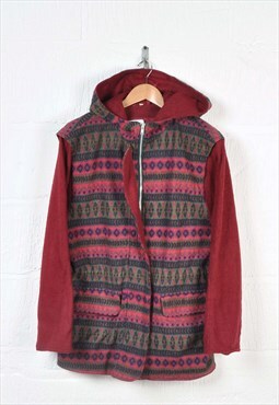 Vintage Fleece Hooded Jacket Retro Pattern Red Ladies Large